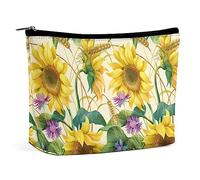 Bolsa de Maquillaje Girasol Aciano Floral Bolsa de cosméticos Impermeable para Bolso Hierba Otoño Bolsa de Maquillaje de Cuero PU con Cremallera, Neceser de Viaje para Mujer