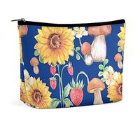 Bolsa de Maquillaje Girasol Fresa Hongo Cuero de PU Bolsa de cosméticos Impermeable para Bolso/Bolsa de Maquillaje/Neceser de Aseo Dibujo de Acuarela Bolsa de Maquillaje de Viaje portátil para Mujer