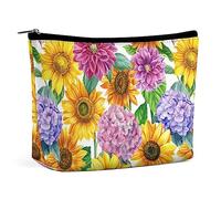 Bolsa de Maquillaje Girasoles Dalias Hortensias Bolsa de cosméticos Impermeable para Bolso Acuarela Floral PU Bolsa de Maquillaje de Cuero con Cremallera, Neceser de Viaje para Mujer