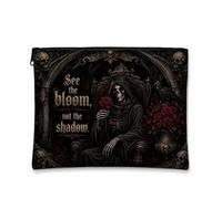 Bolsa de maquillaje gótica con cita de rosa de esqueleto, Negro, 7 x 9 | Arte gótico, bolsa de maquillaje con cremallera, motivos de calavera, rosas rojas, estética oscura, bolsa con cremallera
