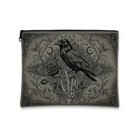 Bolsa de maquillaje gótica con ilustración de mano de cuervo y esqueleto, 7 | Arte gótico de cuervo, bolsa de cosméticos, diseño de rosa de mano de esqueleto, detalles de luna celestial