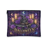 Bolsa de maquillaje gótica con sombrero de bruja y rosas violetas para | Bolsa de maquillaje con cremallera con estampado floral de rosas violetas, detalles brillantes de velas, estética gótica