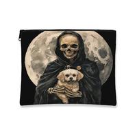 Bolsa de maquillaje gótica, diseño de perro espeluznante y muerte para mujeres, organizador portátil de lona con cremallera, bolsa de aseo de Halloween de 7 x 9 pulgadas