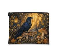Bolsa de maquillaje gótica vintage de cuervo, bolsa de cosméticos de bosque encantado para mujer, organizador portátil de lona con cremallera, bolsa de aseo de viaje de otoño, Black, 7x9 Inch, Cuervo