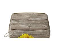 Bolsa de Maquillaje Grande, Bolsa de cosméticos de Cuero, Bolsa organizadora de artículos de tocador de Viaje, Bolsa de Maquillaje, Girasol sobre Madera rústica