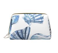 Bolsa de Maquillaje Grande, Bolsa de cosméticos de Cuero, Bolsa organizadora de artículos de tocador de Viaje, Bolsa de Maquillaje, Patrón de Conchas Azules sobre Blanco