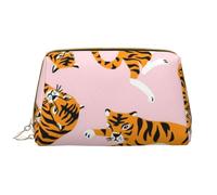 Bolsa de Maquillaje Grande, Bolsa de cosméticos de Cuero, Bolsa organizadora de artículos de tocador de Viaje, Bolsa de Maquillaje, Tigres Lindos Animales de Circo sobre el Fondo Rosa