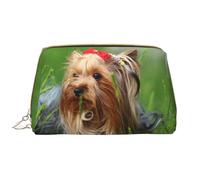 Bolsa de Maquillaje Grande, Bolsa de cosméticos de Cuero, Bolsa organizadora de artículos de tocador de Viaje, Bolsa de Maquillaje, Yorkshire Terrier Césped Lindos Perros Ummer Lazo Rojo