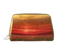 Bolsa de Maquillaje Grande, Bolsa de cosméticos de Cuero, Bolsa organizadora de artículos de tocador de Viaje, Bolsa de Maquillaje, Campo de Flores de Amapola roja al Atardecer Impreso