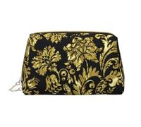 Bolsa de Maquillaje Grande, Bolsa de cosméticos de Cuero, Bolsa organizadora de artículos de tocador de Viaje, Bolsa de Maquillaje, Damascos Florales Vintage Dorados Negros y Brillantes