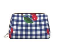 Bolsa de Maquillaje Grande, Bolsa de cosméticos de Cuero, Bolsa organizadora de artículos de tocador de Viaje, Bolsa de Maquillaje, Imprimir Cerezas en Cuadros Azules