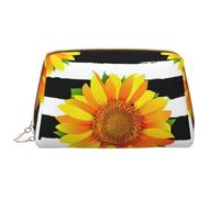 Bolsa de Maquillaje Grande, Bolsa de cosméticos de Cuero, Bolsa organizadora de artículos de tocador de Viaje, Bolsa de Maquillaje, Girasoles sobre Fondo de Rayas Blancas y Negras