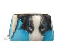 Bolsa de Maquillaje Grande, Bolsa de cosméticos de Cuero, Bolsa organizadora de artículos de tocador de Viaje, Bolsa de Maquillaje, Perro Cachorro Gracioso Border Collie sobre Fondo Azul
