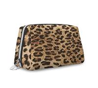 Bolsa de maquillaje grande de piel con estampado de leopardo, patrón de piel de un gato grande salvaje, bolsa de cosméticos de viaje portátil versátil con cremallera para mujer, marrón beige, M,