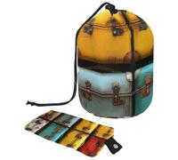 Bolsa de maquillaje grande para mujer, organizador de artículos de tocador portátil e impermeable con cordón, patrón de maleta, multicolor, 9.9x6.9in/25.2x17.6cm;6x3.5in/15.2x8.8cm