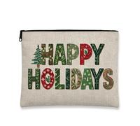 Bolsa de maquillaje Happy Holidays, bolsa de cosméticos con tipografía navideña para mujer, organizador portátil de lino con cremallera, bolsa de aseo de regalo de invierno, Varios colores, 7x9 Inch