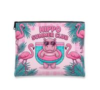 Bolsa de maquillaje Hippo Summer Club, divertida bolsa de viaje para cosméticos de pájaros tropicales de dibujos animados para mujer, organizador portátil de lona con cremallera, bolsa de aseo de