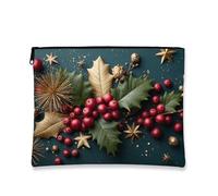 Bolsa de maquillaje Holly and Berries, bolsa de viaje para cosméticos de Navidad con estrella dorada para mujer, organizador portátil de lona con cremallera, bolsa de aseo de vacaciones, Verde, 7x9