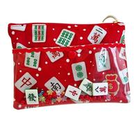 Bolsa de Maquillaje Mahjong Patrón de Doble Capa Bags Cosmetic con Adornos Mahjong con Cremallera de algodón de algodón Monedero de 8x6 Pulgadas para Mujeres, Regalos, Rojo.