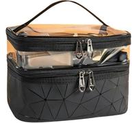Bolsa de maquillaje multifunción transparente de viaje, bolsa de maquillaje de diamantes de moda, impermeable, con dos cremalleras (negro)