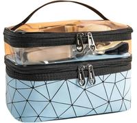Bolsa de maquillaje multifunción transparente de viaje, bolsa de maquillaje de diamantes de moda, impermeable, con dos cremalleras (azul)