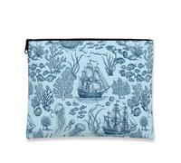 Bolsa de maquillaje náutica, bolsa de viaje vintage para mujer, organizador portátil de lona con cremallera, bolsa de aseo de playa de verano, Blue, 7x9 Inch, Náutico