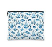 Bolsa de maquillaje náutica de acuarela, pescados azules y veleros, bolsa de viaje para mujeres, organizador portátil de lona con cremallera, bolsa de aseo de playa de verano, Blue, 7x9 Inch, Pescado