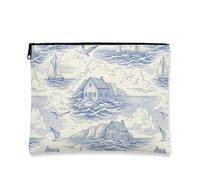Bolsa de maquillaje náutica vintage, bolsa de cosméticos costera Blue House para mujer, estuche portátil de viaje con cremallera, organizador de artículos de tocador de playa de verano, Blue, 7x9 Inch