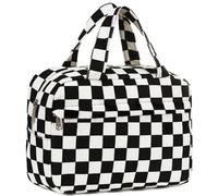 Bolsa de maquillaje para mujer, bolsa de cosméticos grande, organizador de maquillaje, bolsa de aseo de viaje, bolsa impermeable con cremallera para niñas, Tablero de ajedrez blanco marrón pana