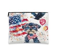 Bolsa de maquillaje para perro Schnauzer del 4 de julio de 7 x 9 pulgadas para bolso de viaje, bolsa de cosméticos con patrón de aniversario americano para mujeres, organizador patriótico portátil de