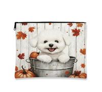 Bolsa de maquillaje para perros Bichon Frise de otoño, bolsa de viaje para cosméticos de hojas de arce de madera de otoño para mujeres, regalos para niñas, cachorros, organizador portátil pequeño de