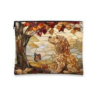 Bolsa de maquillaje para perros Cocker Spaniel de otoño, bolsa de viaje para cosméticos de vitrales de otoño para mujeres y niñas, organizador portátil de lona con cremallera, 7 x 9 pulgadas