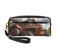 Bolsa de maquillaje pequeña con diseño de tractor rojo, estuche de doble cara de piel sintética