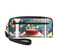 Bolsa de maquillaje pequeña con texto en inglés "Happy Birthday", estuche de doble cara de piel sintética