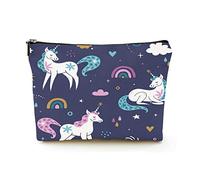 Bolsa de Maquillaje portátil Bolsas de cosméticos de Viaje de Lino para Mujer con Bolsa de Maquillaje con Cremallera para Viajes de Negocios, Unicornio, Arco Iris, Nubes, Estrellas y chispas