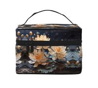 Bolsa de maquillaje portátil de loto blanco bohemio (9 x 6.5 x 6.2 pulgadas), bolsa de maquillaje de gran capacidad para mujeres, bolsa de maquillaje grande para niñas
