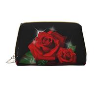 Bolsa de maquillaje portátil de piel con estampado de libélula y loto con diseño impreso de ancho completo, Rosas Rojas, Talla única