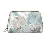 Bolsa de maquillaje portátil de piel con estampado de mármol turquesa y dorado con diseño impreso de ancho completo, Hojas de color gris menta, Talla única