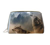 Bolsa de maquillaje portátil de piel con estampado de vaca y girasol con diseño impreso de ancho completo, Lobo animal salvaje, Talla única