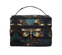 Bolsa de maquillaje portátil de viaje con delicada flor de libélula dorada (9 x 6.5 x 6.2 pulgadas), bolsa de maquillaje de gran capacidad para mujeres, bolsa de maquillaje grande para niñas, color