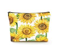 Bolsa de Maquillaje Premium, Bolsas de cosméticos de Viaje de Lino para Mujer, Tema de Girasol Dibujado a Mano, Estuche cosmético Duradero
