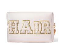 Bolsa De Maquillaje Preppy Patch Extra Large Varsity Chenille Letter Makeup Bag PU Leather Waterproof Portable Cosmetic Toiletry Bag Organizer Gift Makeup Bag(Hair)