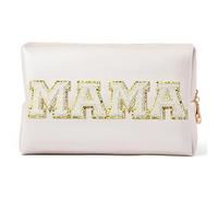 Bolsa De Maquillaje Preppy Patch Extra Large Varsity Chenille Letter Makeup Bag PU Leather Waterproof Portable Cosmetic Toiletry Bag Organizer Gift Makeup Bag(Mama(White))