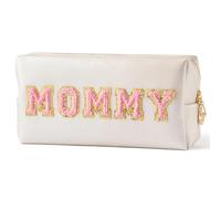 Bolsa De Maquillaje Preppy Patch Extra Large Varsity Chenille Letter Makeup Bag PU Leather Waterproof Portable Cosmetic Toiletry Bag Organizer Gift Makeup Bag(Mommy)