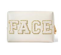 Bolsa De Maquillaje Preppy Patch Extra Large Varsity Chenille Letter Makeup Bag PU Leather Waterproof Portable Cosmetic Toiletry Bag Organizer Gift Makeup Bag(Face)