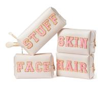 Bolsa De Maquillaje Preppy Patch Extra Large Varsity Chenille Letter Makeup Bag PU Leather Waterproof Portable Cosmetic Toiletry Bag Organizer Gift Makeup Bag(4PCS)