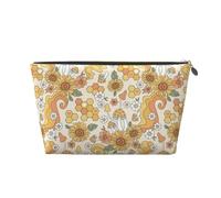 Bolsa de maquillaje retro de flores de los años 70 y 60, bolsas de cosméticos, bolsa de aseo de viaje para mujer, bolsa de maquillaje de cuero, bonita bolsa de maquillaje, Dorado, Talla única