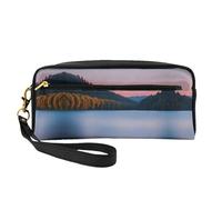 Bolsa de maquillaje reutilizable - Bolsa de maquillaje pequeña de piel con estampado de lago bajo el atardecer para viajes, organizador de artículos de tocador con cremallera, Negro -, Talla única