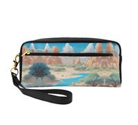 Bolsa de maquillaje reutilizable - Organizador de artículos de aseo de viaje, bolsa pequeña de cuero con estampado completo Oasis in The Desert para mujer, Black, Talla única