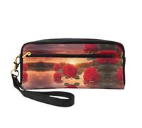 Bolsa de maquillaje reutilizable - Organizador de aseo de viaje, rosas rojas al atardecer - Pequeña bolsa de piel impresa para mujer, color negro, talla única, Negro , talla única